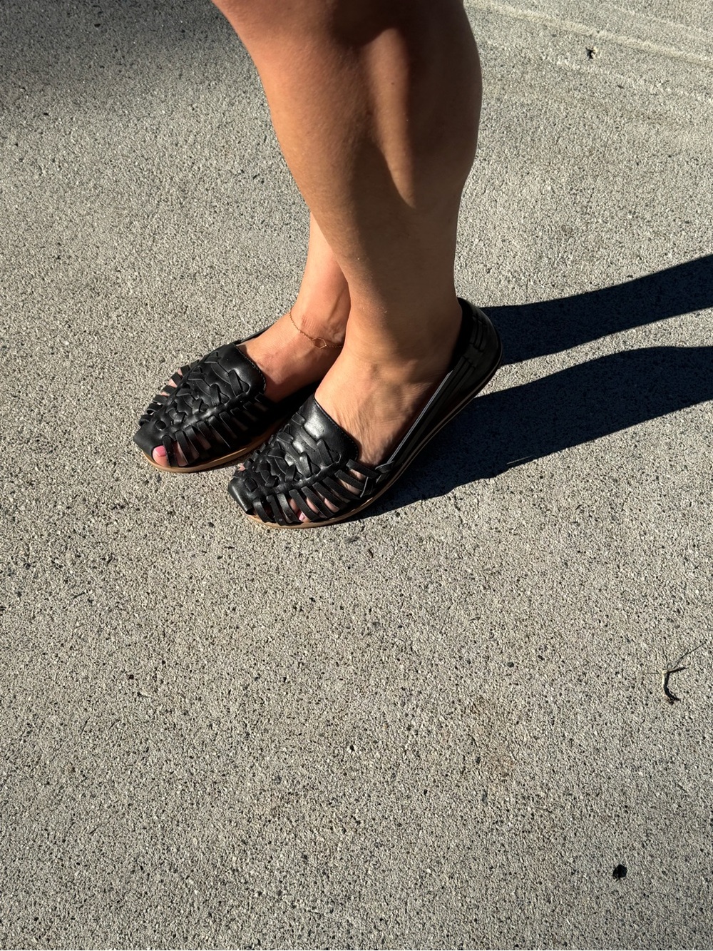Quince Women's Black Leather Huarache-Style Slip-On Flats